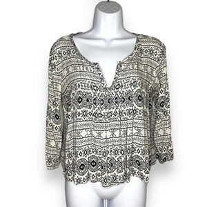 Boho Chic Black & White Patterned Blouse by Miroa - Size L